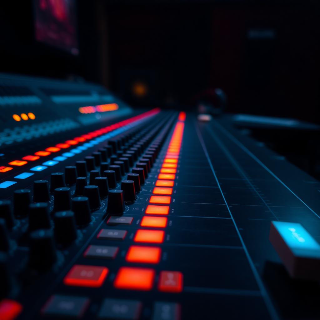 Studio mixing console with vintage microphone