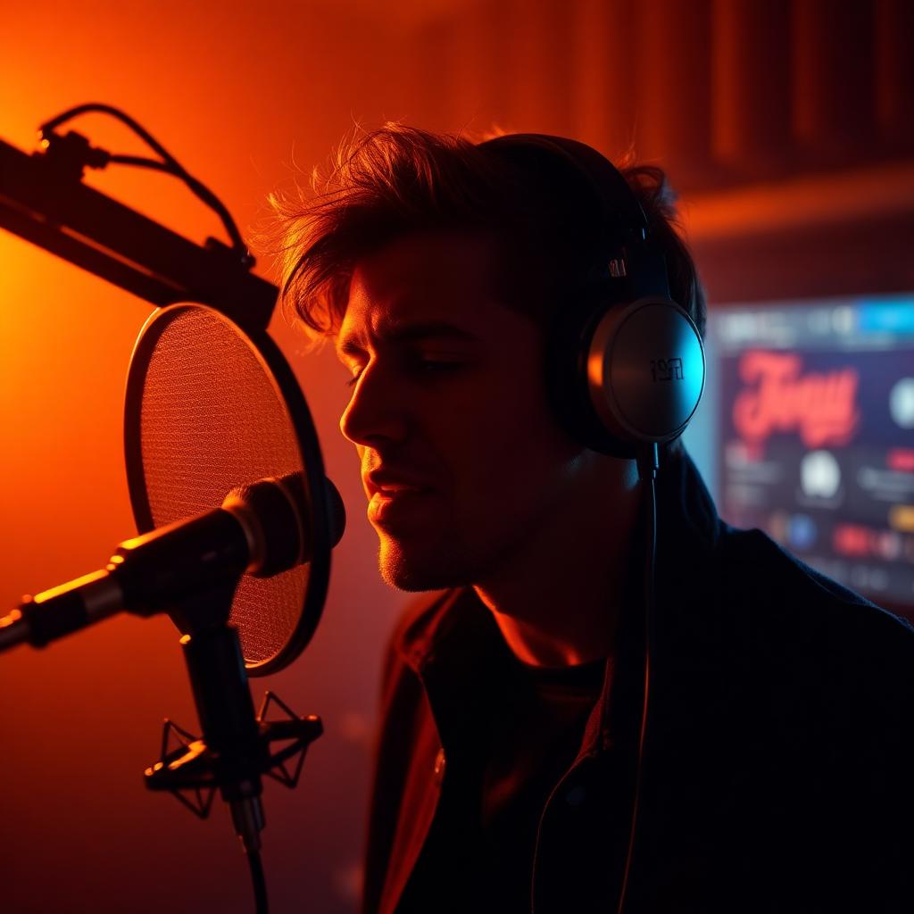 Vocalist recording in dark studio booth